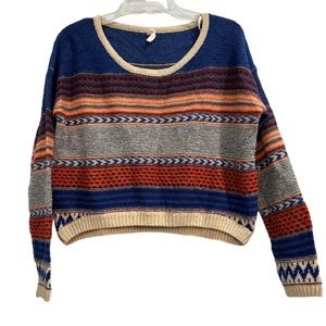 Lovemarks Multicolor Mixed Pattern Knit Sweater Striped Cropped Wide Scoop Neck